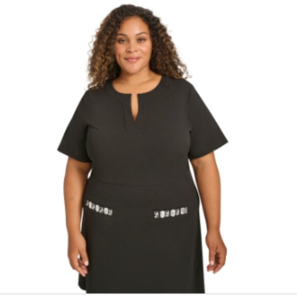Tommy Hilfiger Plus Size Split-Neck Beaded-Pocket Dress - Black - Picture 3 of 4